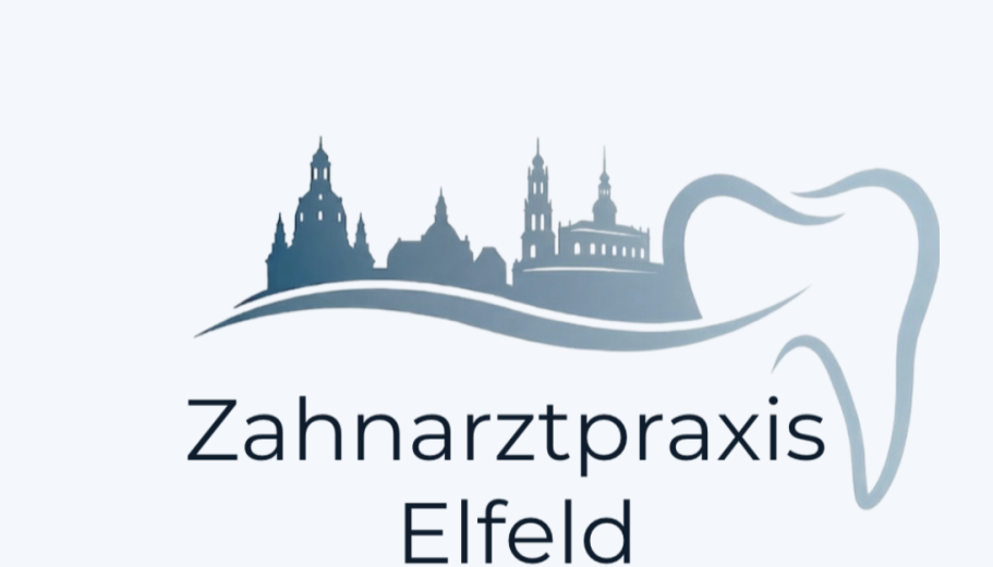 Logo Logo der Zahnarztpraxis Elfeld in Blau-Grau-Tönen. Über dem Schriftzug ist die Silhouette von Dresden (u.a. Frauenkirche) zu sehen.